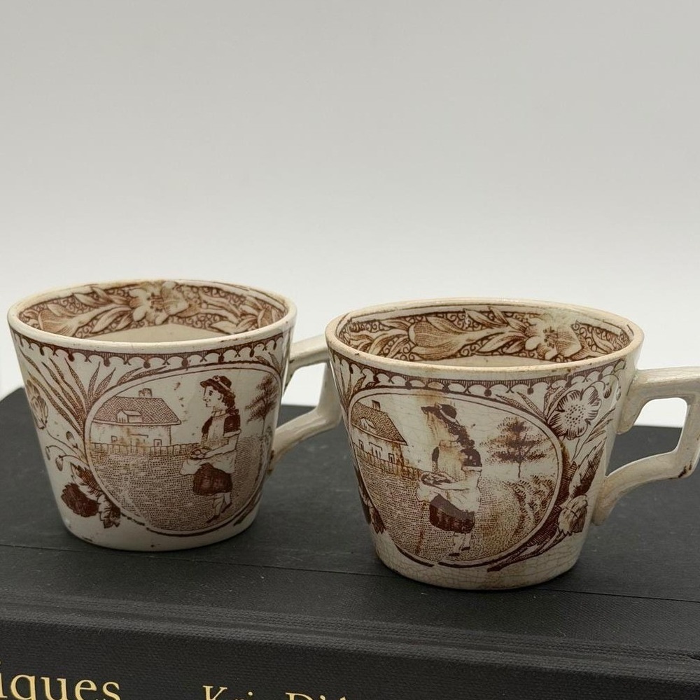 Antique Brown Transferware Children's Cup Farm Scene Set of 2 Stained & Crazed